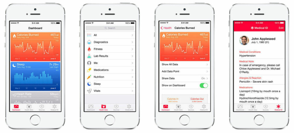 HELSEFOKUS: I likhet med Samsung satser Apple nå på helse. Først ut er appen 'Helse' som samler helse- og treningsinformasjon i én app. Eksempelet lengst til høyre viser et helsekort som kan gjøres tilgjengelig fra låstskjermen. Sikkert praktisk om uhellet skulle være ute.
