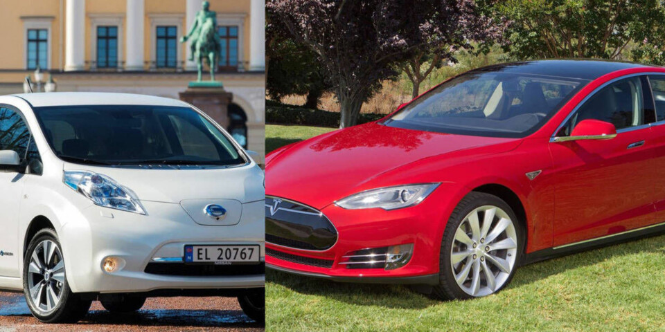 Tesla Model S er den store snakkisen på elbil-fronten - men mest solgte elbil så langt i Norge er den ikke. Den posisjonen innehas av Nissan Leaf (t.v.)