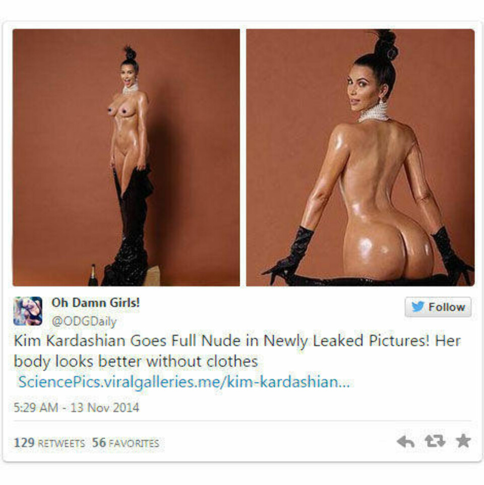 VISER ALT: I går viste Kim Kardashian frem sin etterhvert kjente bakdel (bildet til høyre). I dag har det dukket opp bilder der Kim viser seg klissnaken for motemagasinet Paper Magazine.