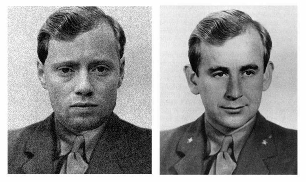 Aksel Hennie (til venstre), og den virkelige Max Manus (til høyre), som fenrik under krigen.