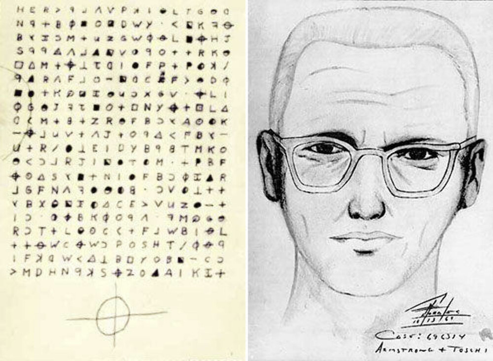 ZODIAC-MORDEREN: Fantomtegning av Zodiac-morderen fra 1969, sammen med et av kryptogrammene han laget.