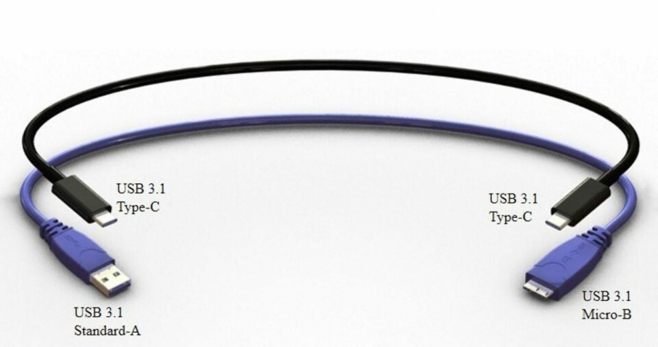 Dette er de to nye USB 3.1-standardene. Den interessante er den svarte kabelen, såkalt «Type-C».