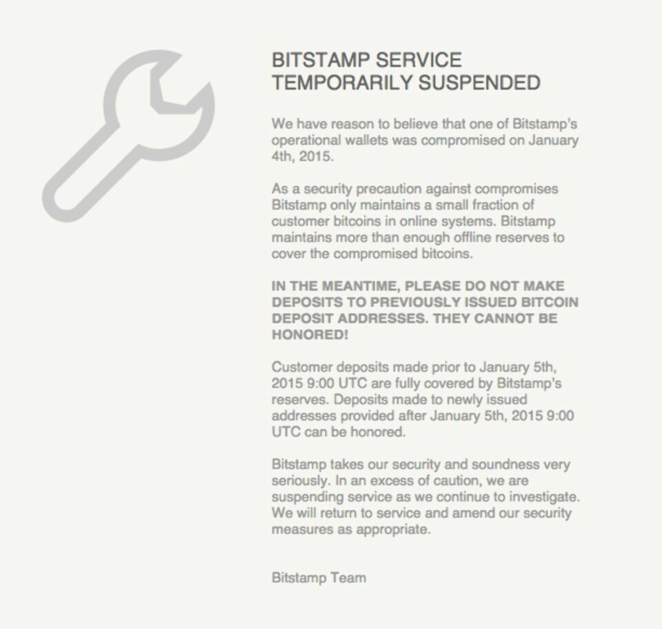 Meldingen som ble lagt ut på Bitstamps nettsider etter at tyveriet ble oppdaget.
