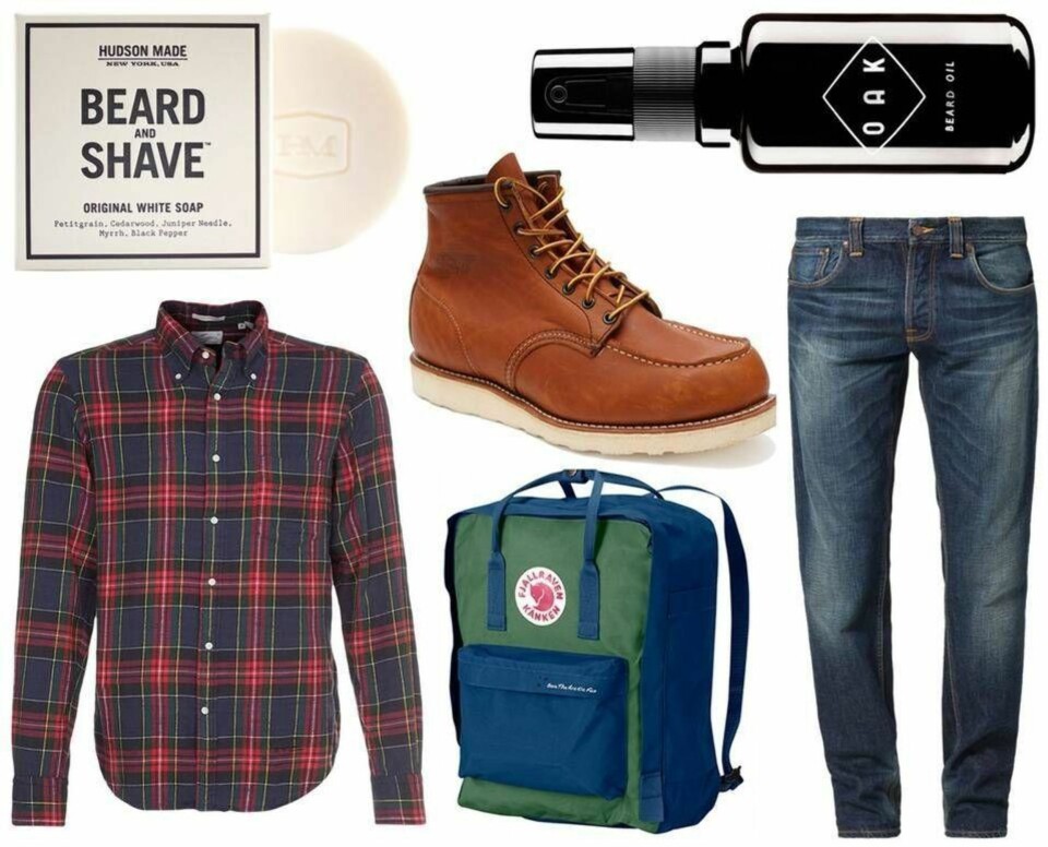 MUST-HAVES: Øverst fra venstre: skjegg- og barbersåpe - Original White fra Hudson Made, kr 199 hos Barbershop.no. Skjeggolje fra Oak, kr 389 hos Barbershop.no. Skjorte - blue check fra Gant, kr 999. Moc Toe fra Red Wing, kr 2300. Steady Eddie Straight leg jeans - organic whistle blue fra Nudie Jeans, kr 1095. Save the Arctic Fox Kånken fra Fjellräven, kr 799.