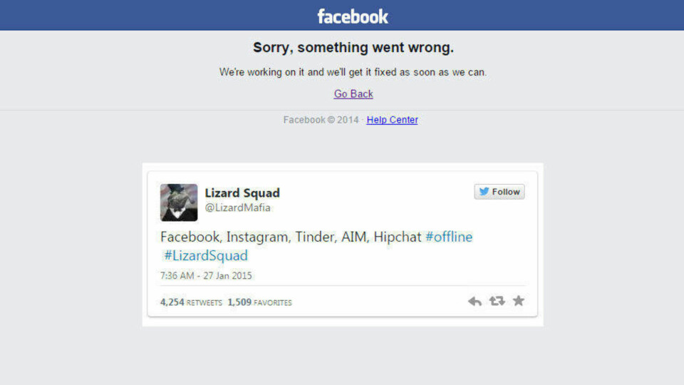 TAR PÅ SEG SKYLDA: Hackergruppen Lizard Squad tok på seg ansvaret for at Facebook og flere andre sosiale nettverk brøt sammen tirsdag morgen norsk tid.