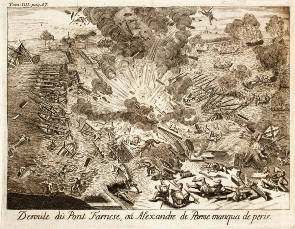 Voldsomme krefter: Her er eksplosjonen på elven Scheldt gjengitt av Famiano Strada i hans bok Histoire de la guerre des Païs-Bas, fra 1727.