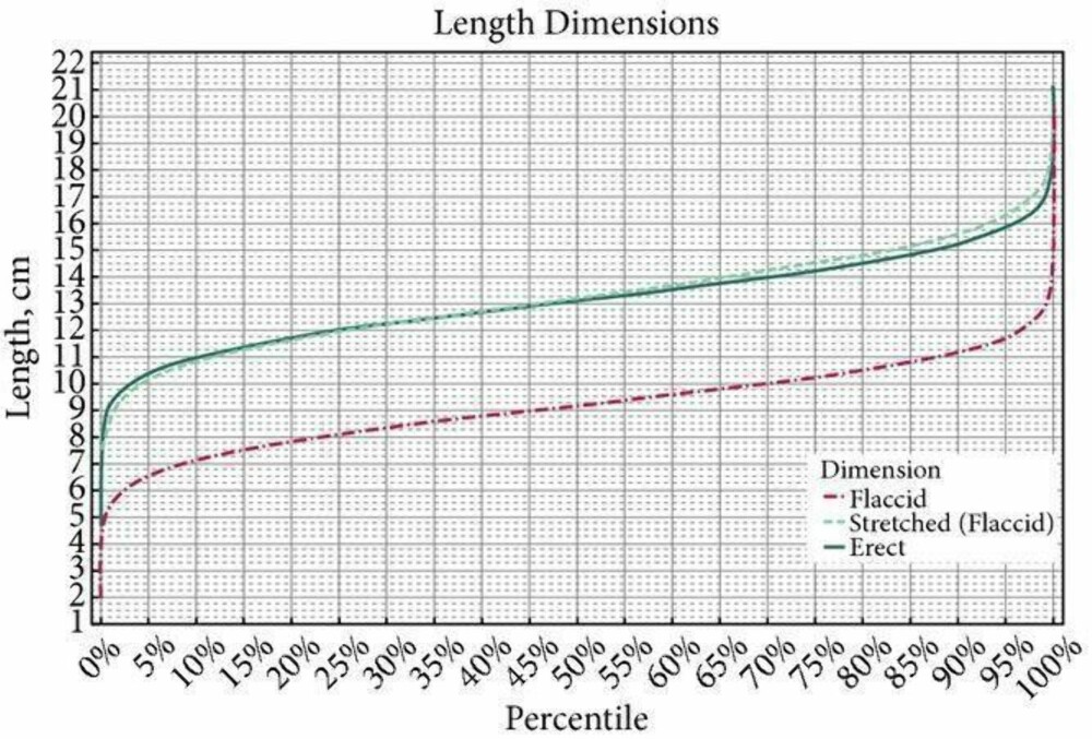 LENGDE PÅ PENIS: Her er grafen som viser gjennomsnittlig lengde på penis basert på målinger av 15.000 peniser.