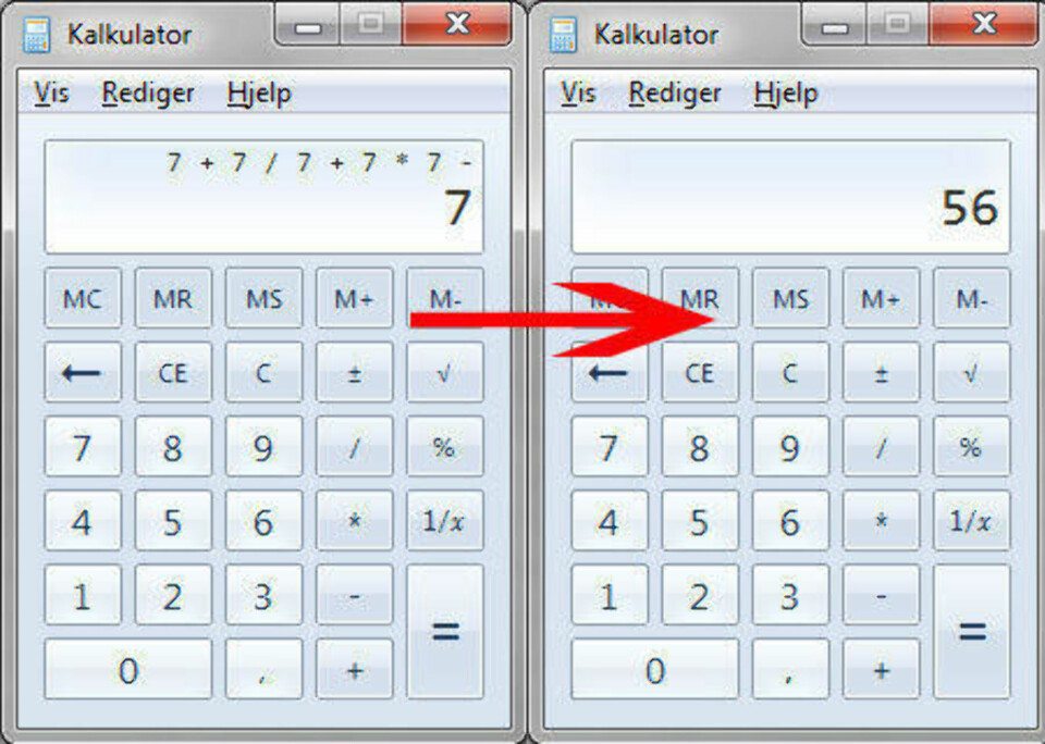 Windows-kalkulator i 'standard' modus gir feil svar. Den regner da rent sekvensielt, men overser matematiske grunnregler.