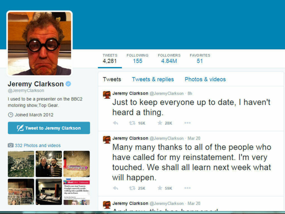 PÅ TWITTER: Jeremy Clarkson får ikke lenger lov til å lage flere Top Gear-programmer.