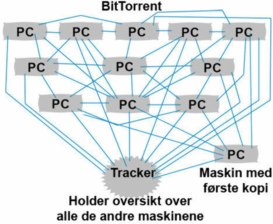 I et BitTorrent-nettverk kan i prinsippet alle datamaskiner ned fra alle andre datamaskiner.