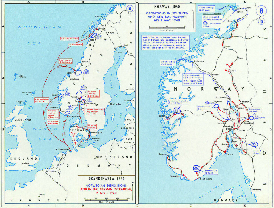 Amerikansk kart over angrepet på Norge fra krigsdagene.