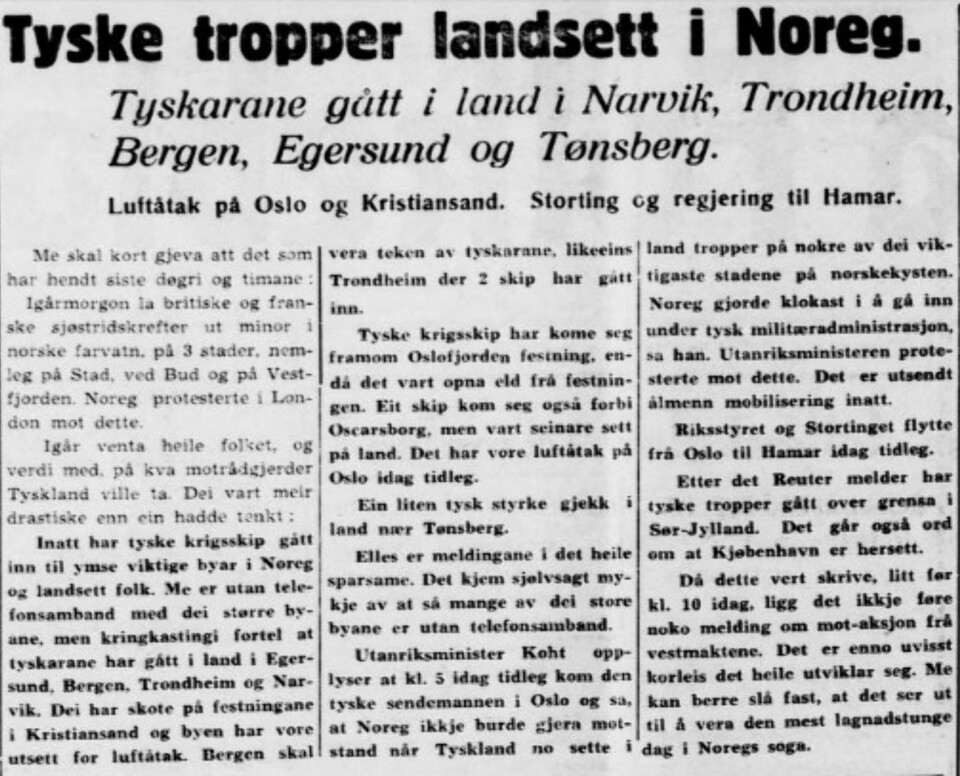 Norske aviser kunne melde om krigen den 9.april