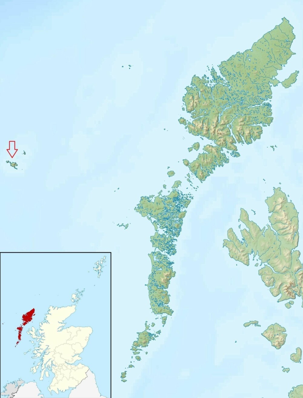 VEST: St. Kilda ligger vest for Skottland, nord i Atlanterhavet. Den rød pilen markerer øygruppen.