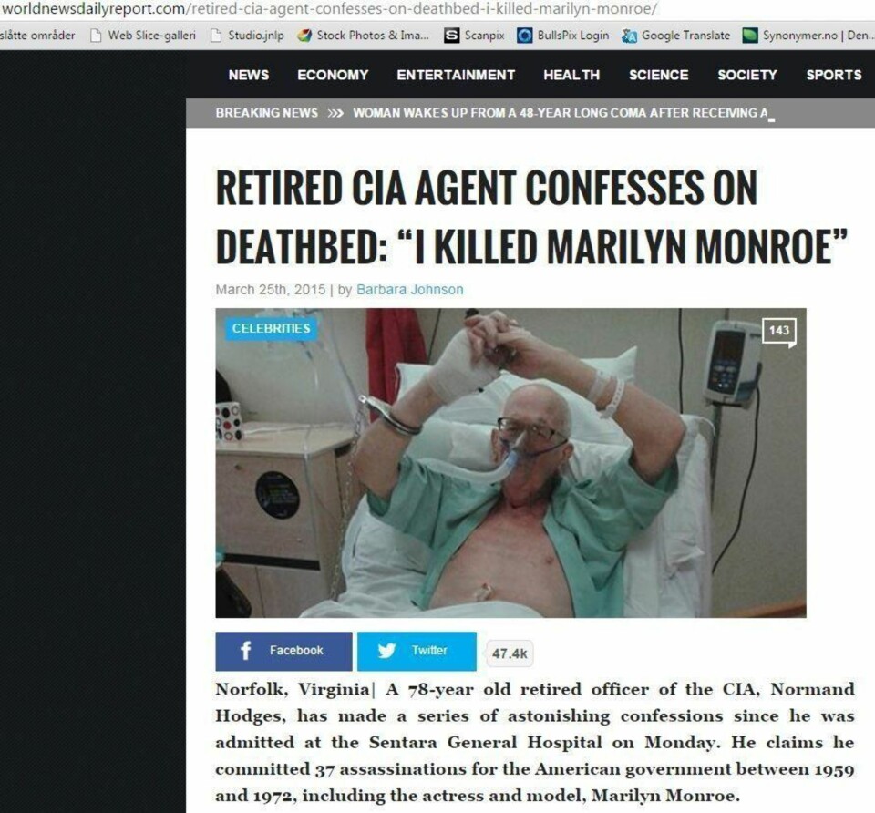 FAKSIMILE: 'Nyhetssiden' World News Daily Report hevder å ha intervjuet en tidligere CIA-agent som påstår han tok livet av skuespilleren Marilyn Monroe. Artikkelen har spredt seg på sosiale medier.