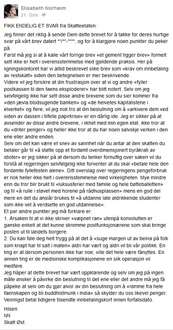 Skjermpdump fra Elisabeth Norheim sin status på Facebook.