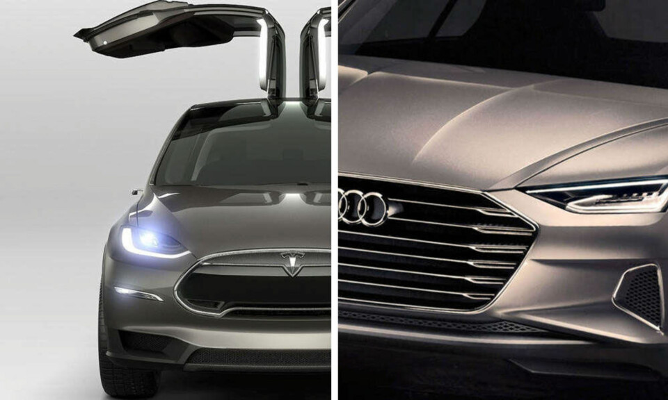 Tesla Model X (t.v.) kommer på markedet allerede neste år. Men Audi har også en elbil-plan i skuffen, og den skal overgå Tesla når det kommer til blant annet rekkevidde. Men når sistnevnte blir klar for markedet er fortsatt usikkert. Bildet til høyre er av konseptbilen Prologue – som skal vise mye av designretningen hos Audi i årene som kommer.