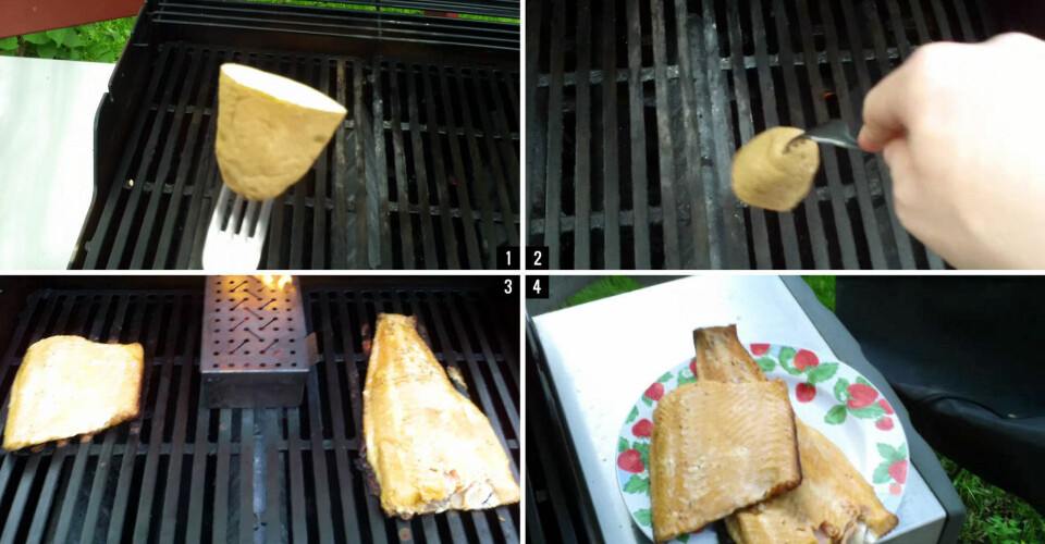 1: Del en potet i to, og stikk den på en gaffel. 2: Gni kjøttsiden mot risten i den oppvarmede grillen før du begynner å steke. 3: To laksebiter har ligget i fred på grillen i 45 minutter. 4: Stivelsen i poteten sørger for at laksen kan flyttes hel over på tallerkenen.