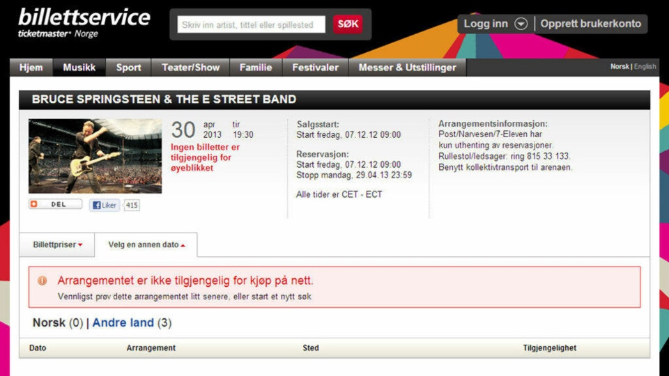 Springsteen-konserten utsolgt