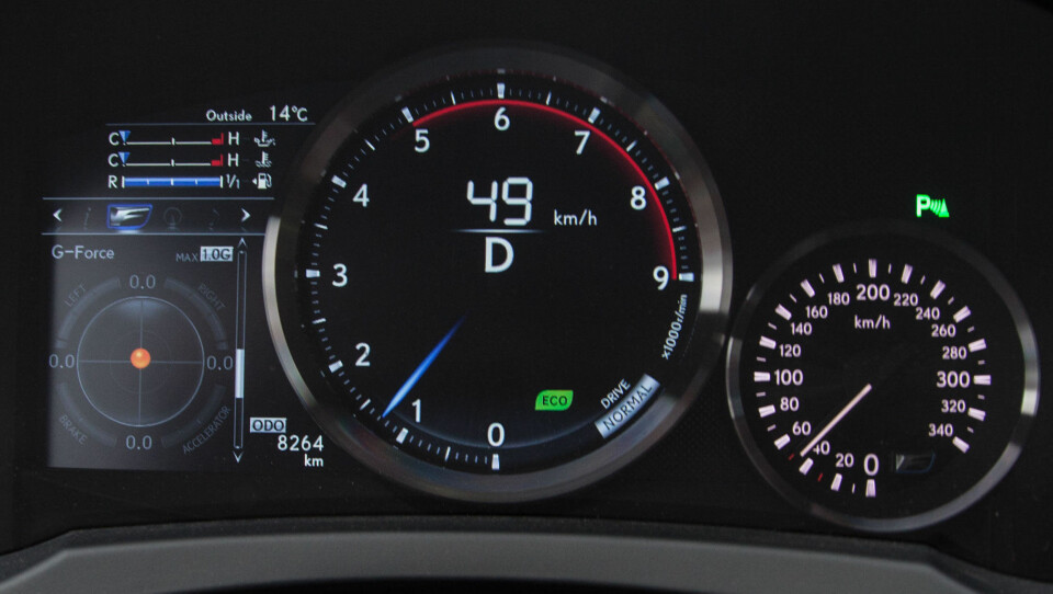 Instrumentpanelet består av flere skjermer, samt et analogt speedometer.