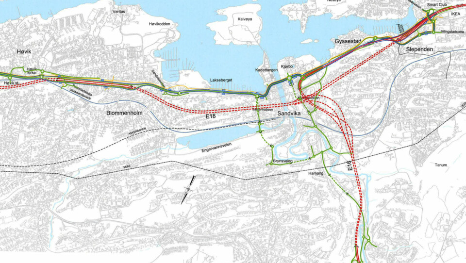 E18 slik den er planlagt forbi Sandvika, med tilkobling til E16.