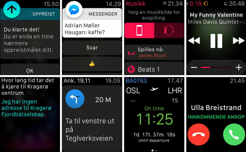 SMART. OG IKKE FULLT SÅ SMART: Åtte øyeblikk som illustrerer Apple Watch i hverdagen. Fra øverst til venstre: 1) Apple Watch vil at du skal reise deg hver time og bevege deg litt. 2) Meldinger og chatter blir prioritert vist på Apple Watch. 3 og 4) Musikk kontrolleres greit fra hånden. Den digitale krona fungere som volumknapp. Fra nederst til venstre: 1) Det er ikke alltid Siri gir deg riktig svar, selv om hun oppfatter hva du sier ... 2) Navigasjon på hånden er i teorien genialt, men Apples karttjeneste i Norge er fremdeles ubrukelig. 3) Du kan fint boarde et fly med kun Apple Watch som boardingkort. 4) Det er null problem å ta en samtale gjennom Apple Watch, men det krever at du er i et stille rom, og helst alene ...