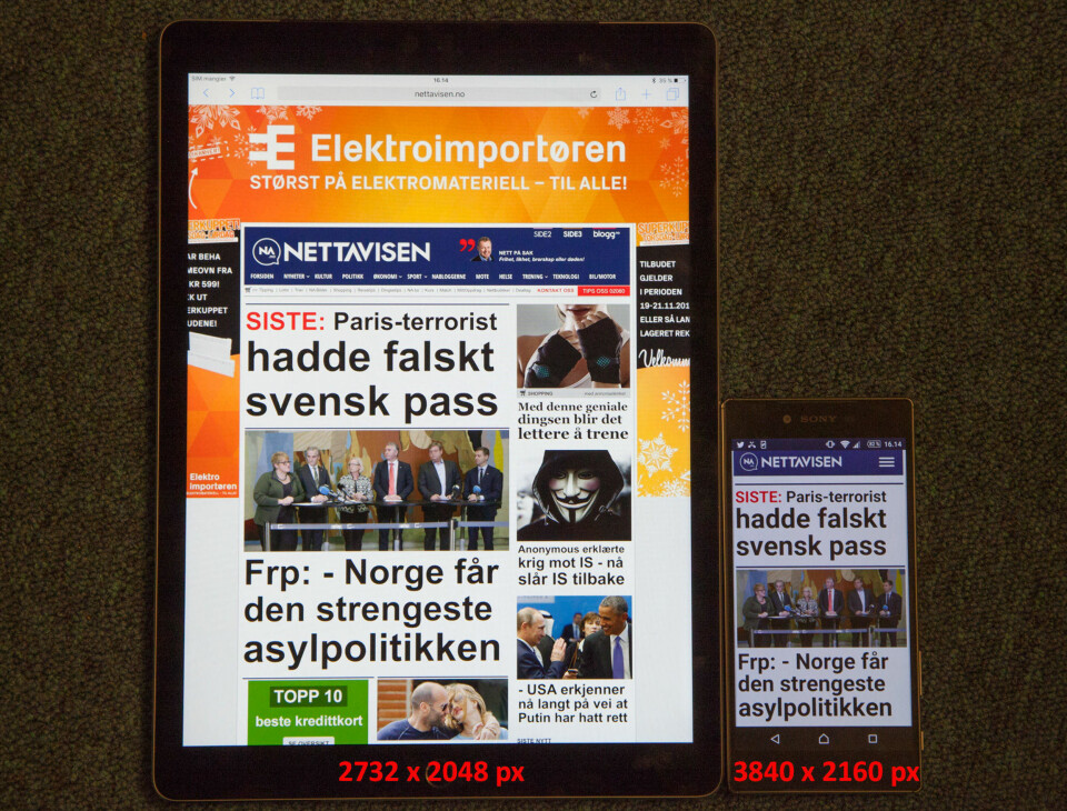 Store iPad Pro med 5,6 millioner piksler har lavere oppløsning enn lille Sony Xperia Z5 Premium som har 4K-oppløsning.
