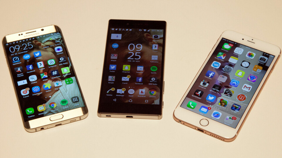 Z5 Premium med sine to hovedkonkurrenter på hver side: Samsung Galaxy S6 Edge+ og iPhone 6S Plus.
