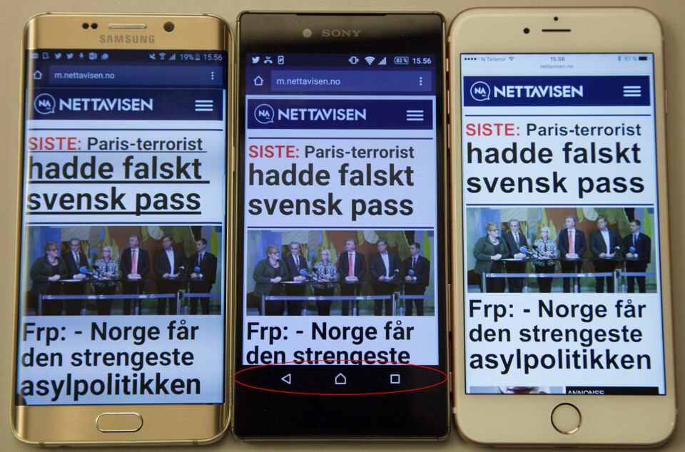 Samsung utnytter skjermen betydelig bedre enn Sony Xperia Z5, rett og slett fordi den har fysiske knapper under skjermen, og dermed ikke må kaste bort deler av skjermen.