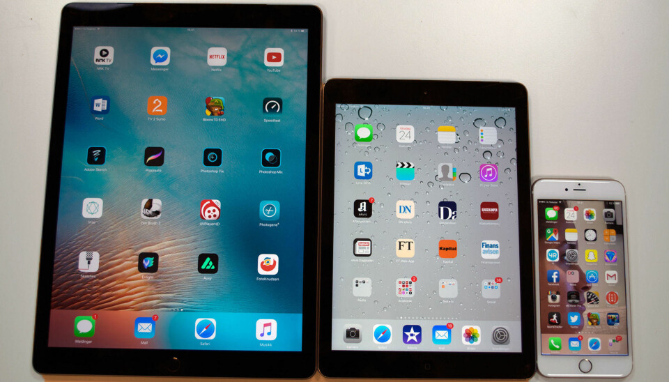 STOR: iPad Pro, iPad Air 2 og iPhone 6S plus. Legg merke til at iPad Pro faktisk har én rad færre med ikoner på skjermen enn den minste.