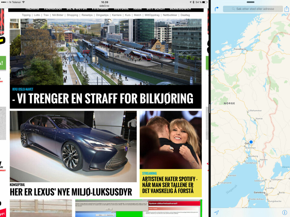 Her er Split View med et stort og et lite vindu. Du kan også dele på midten som du kan se i andre skjermbilder i saken.