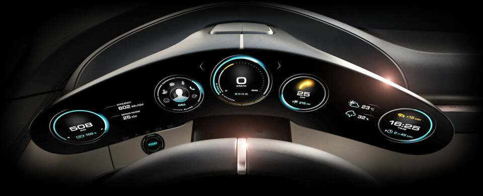 Dashbordet i Porsche Mission E har fem instrument i hovedfokus. Et kamera følger med på hvilket instrument du ser på.