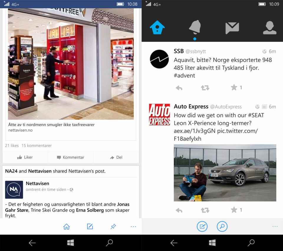 Facebook-appen ser bra ut, men er treg. Twitter-appen ser ut som en pekebok for barn.