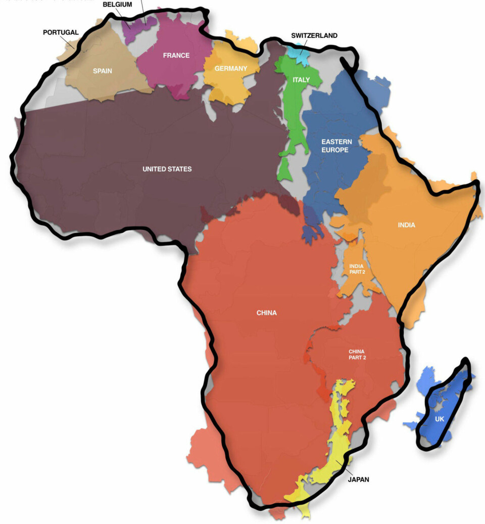 Måten verdenskartet tegnes på skjuler det faktum at Afrika er større enn Kina, USA, India, Mexico, og majoriteten av Europa. Til sammen.