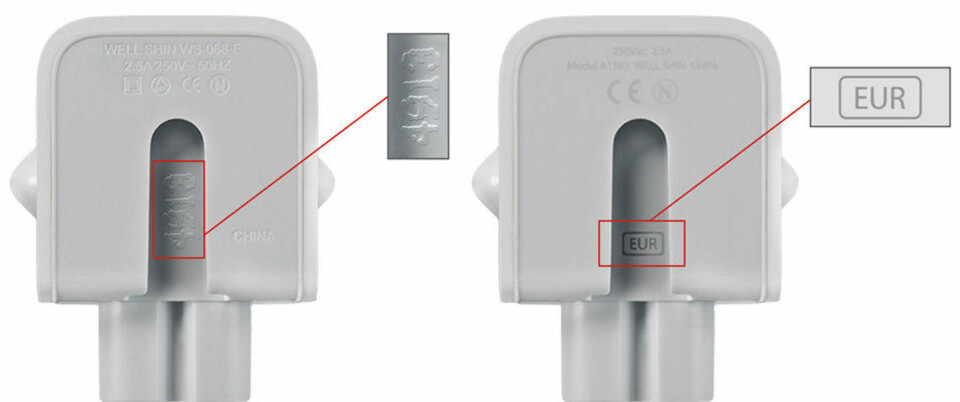 BERØRT OG REDESIGNET: Versjonen til venstre er den berørte modellen, den til høyre er redesignet. En berørt adapter med støpsel har 4 eller 5 eller ingen tegn på sporet på innsiden der den kobles til en strømadapter fra Apple. Adapterne med ny utforming (som ikke er berørt av elektriske feil) har en regionkode på tre bokstaver i sporet (EUR, KOR, AUS, ARG eller BRA).