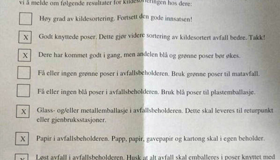 Både ansatte i Nettavisen og andre har den siste tiden fått lignende brev i posten: Oslo kommune går rundt og inspiserer søppelet til hver husholdning og borettslag for å passe på at det ikke blir mer restavfall enn nødvendig, og sender ut skriftlig, individuell tilbakemelding.
