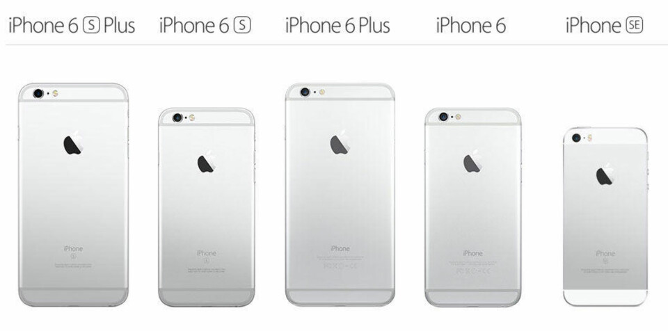 FEM MODELLVALG: Designet på iPhone SE skiller seg ut i modellutvalget til Apple. Produsenten har i bunn og grunn oppdatert innholdet i en iPhone 5S.