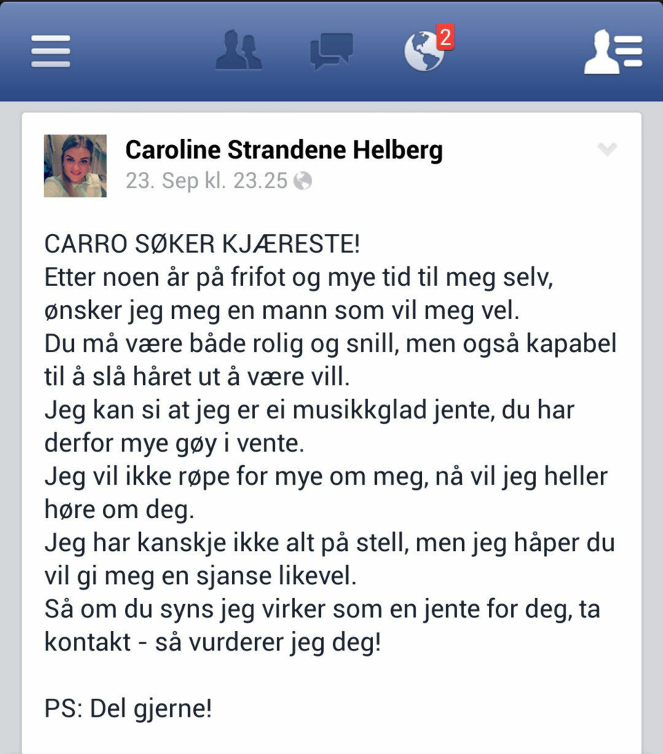 Caroline er fristerinne på Facebook
