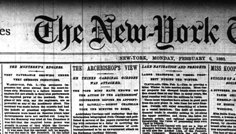 New York Times, 6.februar 1893. Til venstre artikkel om problemene til USA med deres tilknytning av penger mot gull.