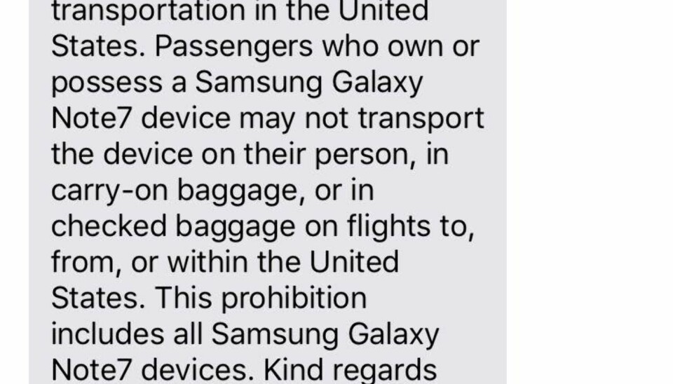 Denne meldingen sender Norwegian ut til sine kunder som skal ut og fly til USA.