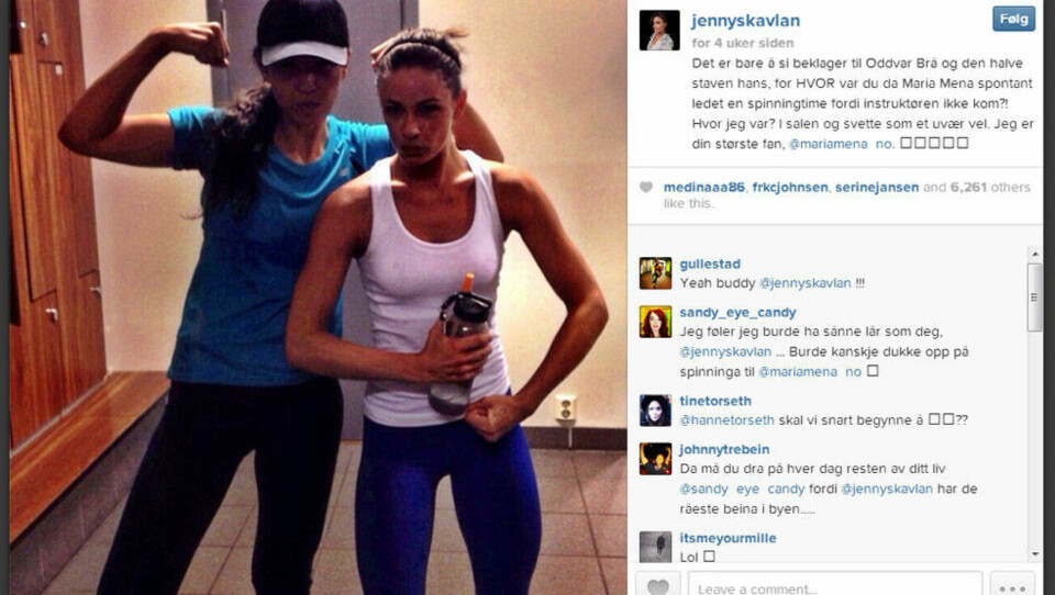 PÅ INSTAGRAM: «HVOR var du da Maria Mena spontant ledet en spinningtime fordi instruktøren ikke kom?!» skrev skuespiller og designer Jenny Skavlan på Instagram.