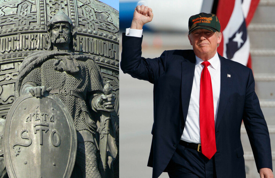 LEDERE I SLEKT? Til høyre: USAs kommende president, Donald Trump. Til venstre: Bilde av statuen av Rorik, grunnlegger av riket som utviklet seg til å bli Russland. Statuen er en del av et monument i Novgorod.