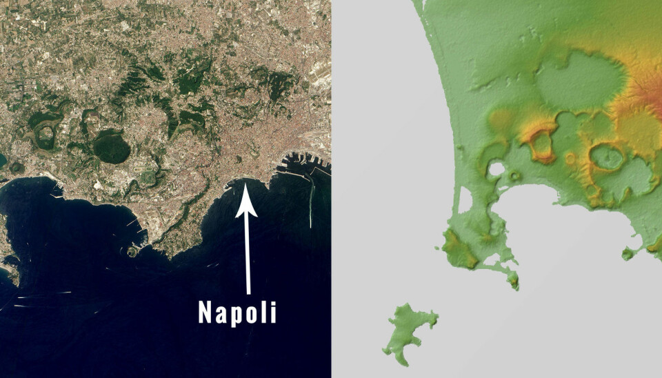 LEVER FARLIG: På bildet til venstre har vi merket av byen Napoli. Kartet til høyre viser supervulkanens utstrekning.