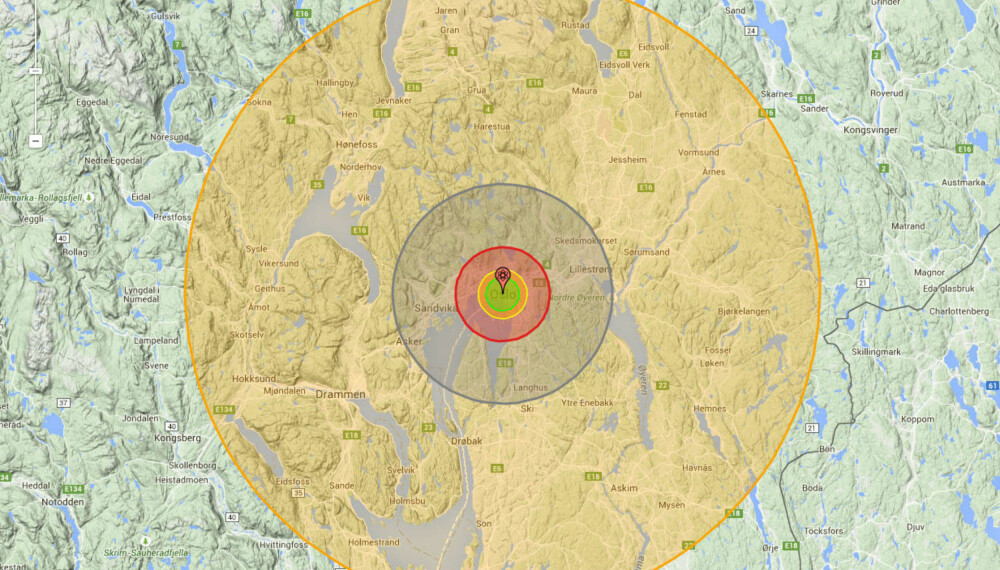 En illustrasjon av hvor stort område en bombe av Tsar-bombas kaliber vil ødelegge.