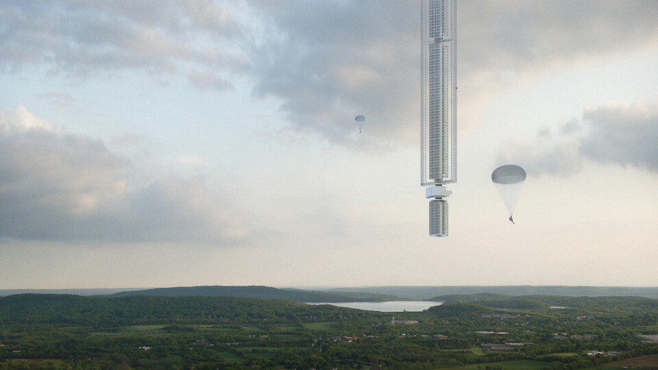 KREATIVT: Et arkitektkontor i New York har designet en skyskraper som «etter planen» skal henge fra en asteroide som går i bane rundt 50.000 kilometer ute i rommet.