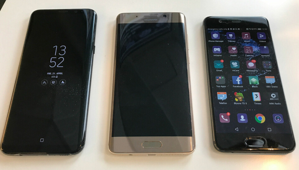 Samsung Galaxy S8+, Huawei Mate 9 Pro og P10.