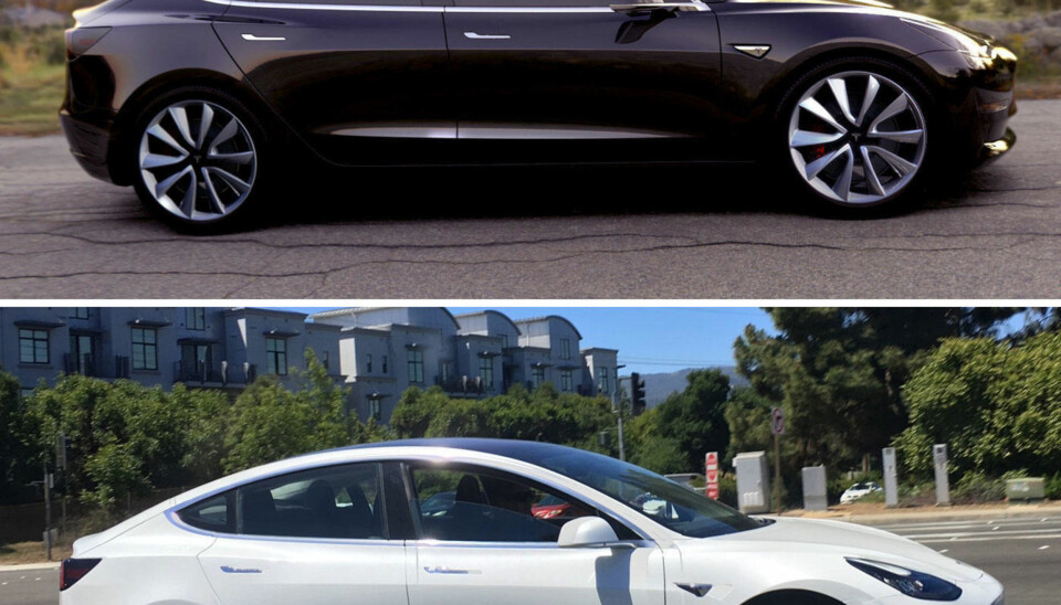 TEMMELIG LIK: Konseptbildet øverst skiller seg ikke mye fra den såkalte slippkandidaten som er avbildet nederst. Dørhåndtak, profiler på siden, sidespeil, bak- og frontlykter er alt temmelig som skissert. Samtidig ser antagelig snuta på den hvite bilen lenger ut enn den virkelig er på grunn av forskyvninger i bildet.