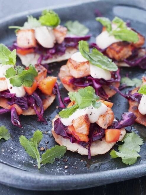 Laksetostadas med rødkål, mango og urter.