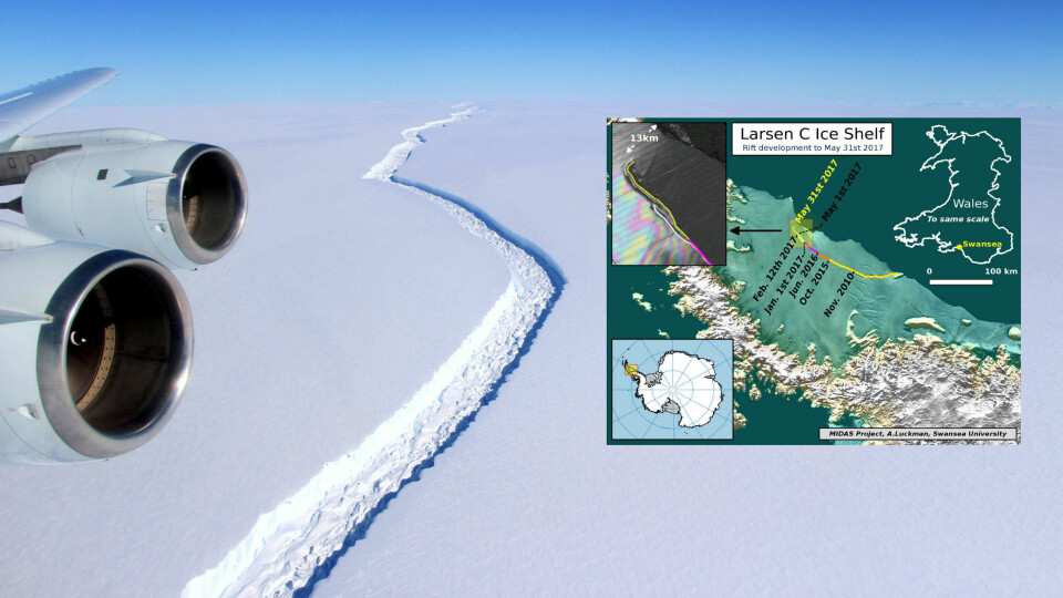 LARSEN C: Det enorme isfjellet er i ferd med å rive seg løs fra isbremmen Larsen C.