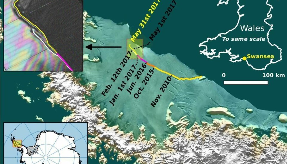 RIVER SEG LØS: Kartet fra Midas-prosjektet viser hvordan isfjellet er iferd med å rive seg løs fra isbremmen Larsen C på Cole Peninsula i Antarktis.