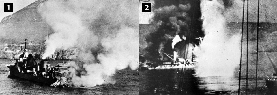 OPERATION CATAPULT: 1: Mannskapet på Destroyeren Mogador kjører skipet på land etter en fulltreffer. 2: Krigsskipet Bretagne eksploderer. 1297 franske seilere blir drept i angrepet.